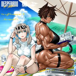  2girls absurdres animal_ears apple_watch beach beach_towel beach_umbrella bikini bikini_bottom_only black_bikini black_one-piece_swimsuit blonde_hair blue_sky boombox brown_hair cat_ears cat_tail cloud competition_swimsuit dark-skinned_female dark_skin day desperado_(yotaro) earrings eyewear_on_head highleg highleg_swimsuit highres jewelry magazine_(object) mao_(yotaro) midriff multiple_girls muscular muscular_female ocean one-piece_swimsuit palms shirt short_hair side-tie_bikini_bottom sky smartwatch sunglasses swimsuit t-shirt tachibana_rikka tail thigh_strap towel twintails umbrella watch wristband wristwatch yellow_eyes yotaro 