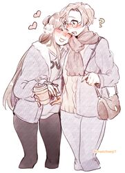  2girls ? absurdres bag blush chadolbaegi closed_eyes commentary cup dating disposable_coffee_cup disposable_cup earmuffs english_commentary glasses handbag heart highres holding holding_cup kang_jaehee long_hair multiple_girls protagonist_(susanghan_messenger) scarf short_hair susanghan_messenger twitter_username yuri 