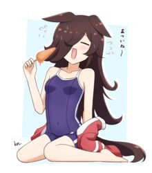  =_= alternate_costume animal_ears black_hair blush breasts collarbone commentary_request covered_navel female food hair_over_one_eye horse_ears horse_girl jacket kimukimu open_mouth popsicle rice_shower_(umamusume) school_swimsuit simple_background sitting small_breasts solo sweat swimsuit tracen_swimsuit translated umamusume wariza 