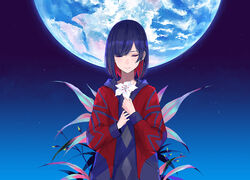  blue_hair braid closed_eyes colored_inner_hair commentary_request earth_(planet) female flower highres holding holding_flower hood hooded_jacket jacket kamitsubaki_studio lily_(flower) multicolored_hair official_art palow planet red_hair rim_(kamitsubaki_studio) short_hair side_braid smile solo space star_(sky) two-tone_hair upper_body virtual_youtuber 