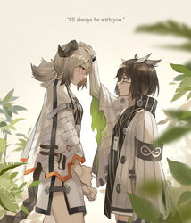  2girls arknights armband bob_cut brown_hair burnt_clothes buttons cloak commentary_request feather_hair feathers frown glasses grey_hair hand_on_another&#039;s_head headpat high_collar horns ifrit_(arknights) lanyard leaf long_sleeves looking_at_another miniskirt multiple_girls narakuuu photoshop_(medium) plant red_eyes rhine_lab_logo sad silence_(arknights) skirt smile strap tail tears twintails yellow_eyes 