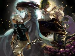  1boy 2girls :d absurdres black_background black_cape black_nails broken broken_chain cape chains commentary_request dress eto_(tokyo_ghoul) from_side green_hair grey_background grey_dress grey_hair grey_pants hand_up highres kamishiro_rize kaneki_ken kyuuba_melo long_hair long_sleeves medium_hair messy_hair multiple_girls multiple_views nail_polish pants red_eyes shirt short_hair short_sleeves smile teeth tokyo_ghoul tokyo_ghoul:re torn_clothes torn_shirt upper_teeth_only 