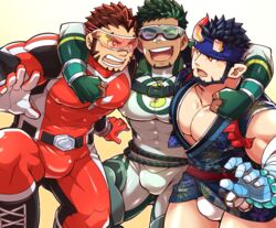  3boys akashi_(live_a_hero) aopanda arm_around_shoulder bandaged_arm bandages bara beard black_hair blush bodysuit broken_horn bulge covered_abs covered_navel covered_nipples dark-skinned_male dark_skin demon_boy demon_horns facial_hair fundoshi goatee green_bodysuit green_hair happi headband horns japanese_clothes kyoichi_(live_a_hero) large_pectorals live_a_hero long_sideburns male_focus male_underwear mature_male multicolored_hair multiple_boys muscular muscular_male nessen_(live_a_hero) no_pants partially_unbuttoned pectoral_cleavage pectorals red_bodysuit red_eyes red_hair short_hair sideburns skin_tight smile streaked_hair thick_eyebrows thick_thighs thighs two-tone_hair underwear white_male_underwear 