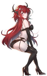  absurdres arknights ass black_bra black_footwear black_gloves black_panties black_thighhighs bra breasts commentary elbow_gloves female full_body garter_belt gloves hair_between_eyes high_heels highres horns invisible_chair large_breasts lingerie long_hair looking_at_viewer moto_toshi panties purple_eyes red_hair sidelocks simple_background sitting solo surtr_(arknights) thighhighs thighs underwear underwear_only very_long_hair white_background 