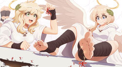  2girls :d angel angel_wings ankle_wrap bandaged_hand bandages between_toes blonde_hair blue_eyes blush breasts commentary demon dress english_commentary eyes_visible_through_hair feathered_wings feet foot_focus foreshortening full_body giant giantess green_eyes hair_between_eyes halo hand_wraps highres holding hole hood hood_down hooded_dress kneehighs large_breasts laurel_crown leg_wrap long_hair looking_at_viewer lying medium_breasts multiple_girls no_shoes on_stomach open_mouth original polearm raps_(yohomeboyraps) signature simple_background sitting smile socks soles stirrup_legwear teeth toeless_legwear toes trident upper_teeth_only weapon white_background white_dress white_wings wide_sleeves wings wrist_wrap 