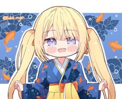  blonde_hair blue_eyes blush chibi female hair_ornament hololive hololive_english japanese_clothes kimono kukie-nyan long_hair looking_at_viewer official_alternate_hair_length official_alternate_hairstyle open_mouth smile solo twintails virtual_youtuber watson_amelia watson_amelia_(new_year) 