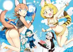  1boy 4girls ahoge animal_ears animal_print apron ass ball beach beachball bikini bikini_under_clothes blowhole blue_eyes blue_hair blue_shirt bodysuit bra brown_hair california_sea_lion_(kemono_friends) caracal_(kemono_friends) clenched_hand clenched_hands closed_eyes cloud collarbone common_bottlenose_dolphin_(kemono_friends) cooking day diving_suit dot_nose extra_ears feet fingerless_gloves flip-flops flipped_hair food frilled_bikini frills fruit glasses gloves gradient_hair green_hair grey_hair happy highres jacket japari_symbol jumping kemono_friends kyururu_(kemono_friends) leg_up legs long_hair looking_at_viewer multicolored_hair multiple_girls naitou_ryuu navel open_mouth orange_bikini orange_hair outdoors protected_link sandals scarf serval_(kemono_friends) serval_print shirt short_hair sidelocks sky smile sparkle spatula stretching summer sun surprised swimsuit t-shirt tail third-party_edit two-tone_hair underwear water watermelon waves wetsuit wristband yakisoba yellow_eyes 