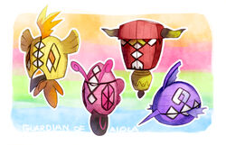  commentary_request hk_(nt) multicolored_background no_humans pokemon pokemon_(creature) tapu_bulu tapu_fini tapu_koko tapu_lele 