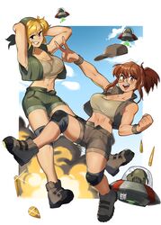  2girls alien arms_behind_head arms_up artist_name bandana baseball_cap blonde_hair breasts brown_eyes brown_footwear brown_hair brown_headwear brown_shorts bullet cleavage crop_top dated fio_germi flying_saucer glasses green_bandana hat highres kasamoto_eri knee_pads large_breasts looking_at_viewer mars_people metal_slug multiple_girls navel open_clothes open_mouth open_vest round_eyewear shoes short_shorts shorts signature smile snowcie spacecraft tank_top ufo vest white_tank_top 