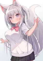  animal_ear_fluff animal_ears arm_up black_skirt breasts female fox_ears fox_girl fox_tail grey_hair highres large_breasts long_hair original pink_eyes pleated_skirt school_uniform shirt short_sleeves siragagaga skirt solo sweater_vest tail two_side_up very_long_hair white_shirt white_sweater_vest 