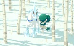  :3 bare_tree calyrex closed_eyes closed_mouth commentary_request day glastrier komepan no_humans outdoors pokemon pokemon_(creature) smile snow standing tree 