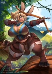  2023 4_toes 5_fingers action_pose anthro arrow_(weapon) artist_name big_breasts blonde_hair bow_(weapon) branch breasts cape chaps cleavage clothed clothing curvy_figure day eyebrow_through_hair eyebrows feet female fingers fur gloves green_eyes grey_body grey_fur hair handwear hi_res holding_bow_(weapon) holding_object holding_ranged_weapon holding_weapon huge_breasts lagomorph leporid mammal midriff multicolored_body multicolored_fur ocaritna on_branch open_mouth outside panties plant pose quiver_(object) rabbit ranged_weapon shirt slightly_chubby slightly_chubby_female solo standing text thick_thighs toeless_legwear toes topwear translucent translucent_hair two_tone_body two_tone_fur underwear url vines voluptuous weapon white_body white_fur wide_hips wood 