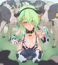  animal animal_ears animal_print antlers bare_shoulders bell bikini black_bikini blush bovine braid braided_bangs branch breasts bucket ceres_fauna cleavage collarbone comb cow_ears cow_girl cow_horns cow_print cow_print_bikini cowbell ear_tag female gloves grass green_hair highres hololive hololive_english horns kneeling large_breasts long_hair looking_at_viewer mole mole_under_eye moral_cacoethes multicolored_hair neck_bell on_grass print_bikini print_gloves print_thighhighs scissors smile solo streaked_hair swimsuit thighhighs virtual_youtuber white_bikini yellow_eyes 