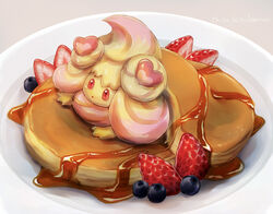  alcremie alcremie_(love_sweet) artist_name commentary_request food food_focus fruit heart looking_up momomo12 no_humans pancake pink_eyes plate pokemon pokemon_(creature) solo strawberry watermark 