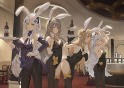  animal_ears anthro blush bow breasts bunny_ears bunnygirl cirilla drink g11_(girls_frontline) girls_frontline gray_hair green_eyes hk416_(girls_frontline) pantyhose tail ump-45_(girls_frontline) ump-9_(girls_frontline) white_hair 