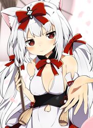  animal_ears azur_lane blurry blurry_background bow breasts cat_ears cleavage commentary_request detached_sleeves dress female hair_ribbon hairbow highres holding holding_umbrella long_hair looking_at_viewer low_twintails official_alternate_costume oil-paper_umbrella orange_eyes reaching reaching_towards_viewer red_eyes red_ribbon ribbon small_breasts solo tonari_(ichinichime_azuma) twintails umbrella white_hair yukikaze_(azur_lane) yukikaze_(winter&#039;s_snowy_wind)_(azur_lane) 