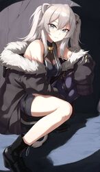  animal_ears black_footwear black_shirt boots breasts brown_coat cleavage coat ear_piercing female full_body fur-trimmed_coat fur_trim grey_eyes grey_hair hair_between_eyes highres hololive lion_ears lion_girl lion_tail long_hair long_sleeves looking_at_viewer makimaki_makky7 medium_breasts open_clothes open_coat piercing see-through see-through_cleavage shirt shishiro_botan shishiro_botan_(1st_costume) sleeveless sleeveless_shirt solo squatting tail virtual_youtuber 