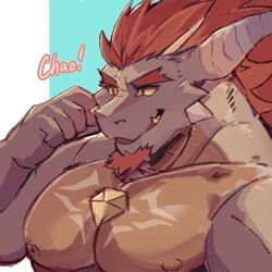  1:1 anothereidos_of_dragon_vein_r anthro barboros_(anothereidos_r) beard brown_body brown_scales chest_gem dragon facial_hair gem hair hand_on_face horn male mythological_creature mythological_scalie mythology orange_hair pecs riotaro15 scales scalie smile solo yellow_eyes 