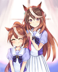  2girls ^_^ absurdres animal_ears blue_bow bow brown_hair closed_eyes closed_mouth commentary_request curtains hair_between_eyes highres horse_ears horse_girl long_hair multicolored_hair multiple_girls partial_commentary pleated_skirt puffy_short_sleeves puffy_sleeves purple_eyes purple_shirt school_uniform setu_(shining12) shirt short_sleeves sitting skirt smile standing streaked_hair symboli_rudolf_(umamusume) tokai_teio_(umamusume) tracen_school_uniform two-tone_hair umamusume very_long_hair white_hair white_skirt window 