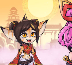  2girls :d animal_ears bare_shoulders belt breasts brown_belt brown_hair detached_sleeves double_bun fake_animal_ears fangs firecracker_tristana hair_bun league_of_legends midriff multicolored_background multiple_girls mythmaker_zoe navel orange_eyes phantom_ix_row pink_hair pointy_ears red_sleeves small_breasts smile solo_focus stomach sun teeth tristana upper_teeth_only yordle zoe_(league_of_legends) 