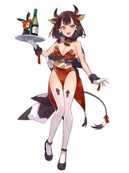  :d animal_ears back_bow bare_shoulders bell black_footwear bottle bow breasts brown_hair cleavage cow_ears cow_girl cow_horns cow_tail cowbell female full_body gloves high_heels highleg highleg_leotard highres horns large_breasts leotard looking_at_viewer neck_bell open_mouth original red_eyes red_leotard sash short_hair simple_background smile solo standing strapless strapless_leotard stuffed_cow tail tassel thigh_gap thighhighs white_background white_gloves white_thighhighs yuko_(uc_yuk) 