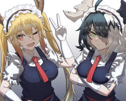  2girls absurdres ahoge alchemy_stars apron ascot black_hair black_horns blonde_hair blush breasts check_commentary chinese_commentary closed_mouth collared_shirt commentary commentary_request cosplay crossed_arms crossover dragon_horns elbow_gloves eyelashes gloves gradient_background gradient_hair green_eyes grey_background grey_horns hair_between_eyes hair_over_one_eye highres horns kobayashi-san_chi_no_maidragon kongbai_huanxiang large_breasts long_hair looking_at_viewer maid maid_apron maid_headdress medium_hair multicolored_hair multiple_girls oerba_yun_fang one_eye_closed one_eye_covered open_mouth orange_hair puffy_short_sleeves puffy_sleeves red_ascot red_eyes sharona_(alchemy_stars) shirt short_sleeves sidelocks skin_fang slit_pupils standing swept_bangs tohru_(maidragon) tohru_(maidragon)_(cosplay) twintails upper_body v very_long_hair white_gloves white_hair white_shirt 