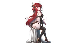  arknights bra demon elbow_gloves garter_belt gloves horns long_hair moto_toshi panties purple_eyes red_hair stockings surtr_(arknights) underwear white 