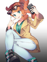  aqua_eyes aqua_shirt between_breasts blue_pants boots breasts brown_coat cellphone coat collarbone crossed_legs denim eyelashes eyewear_on_head female green_eyes green_nails hair_ornament heart heart_hair_ornament high_heel_boots high_heels highres holding holding_phone jeans long_hair long_sleeves looking_at_viewer nail_polish nishiyama_(nicf) orange-tinted_eyewear orange_hair pants phone pokemon pokemon_swsh ribbed_shirt ribbed_sweater shirt side_ponytail smile solo sonia_(pokemon) strap_between_breasts sunglasses sweater tinted_eyewear tongue tongue_out v v-neck 