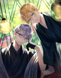  2boys aqua_eyes bespectacled black-framed_eyewear black_gloves blonde_hair blue_eyes glasses gloves grey_hair highres japanese_clothes kimono lantern male_focus multiple_boys noes smile touken_ranbu window yamanbagiri_chougi yamanbagiri_kunihiro 