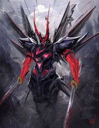  absurdres bad_id bad_pixiv_id blood blood_on_weapon chinese_commentary cloud commentary_request denh dual_wielding extra_eyes green_eyes gundam gundam_astray_red_frame gundam_seed gundam_seed_astray highres holding holding_sword holding_weapon horns katana looking_down mecha moon redesign robot science_fiction solo sword third_eye weapon 