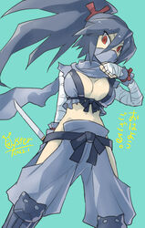  aqua_background artist_name bandages black_hair breasts check_commentary cleavage commentary_request disgaea female highres kunoichi_(disgaea) large_breasts long_hair looking_at_viewer mask midriff mouth_mask ninja ninja_mask ninjatou oyster_(artist) ponytail red_eyes reverse_grip scarf short_sword solo sword translated weapon 