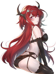  absurdres arknights ass black_bra black_gloves black_panties black_thighhighs bra breasts commentary elbow_gloves female garter_belt gloves hair_between_eyes highres horns invisible_chair large_breasts lingerie long_hair looking_at_viewer moto_toshi panties purple_eyes red_hair sidelocks simple_background sitting solo surtr_(arknights) thighhighs thighs underwear underwear_only very_long_hair white_background 