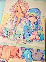  2girls black_eyes blazer blue_hair breasts brown_eyes cleavage commentary_request couch cup dark-skinned_female dark_skin disposable_cup fingernails food food_court_de_mata_ashita food_in_mouth french_fries gradient_hair gyaru highres jacket large_breasts light_brown_hair long_hair long_sleeves miniskirt multicolored_hair multiple_girls nariie_shin&#039;ichirou necktie pantyhose pleated_skirt school_uniform shirt sitting skirt straight_hair table thighs traditional_media wada_(food_court) wavy_hair white_shirt yamamoto_(food_court) 