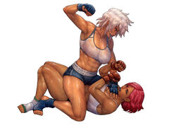  2girls abs absurdres angry arc_system_works black_shorts blazblue blazblue:_chronophantasma blocking blood blue_eyes breasts bullet_(blazblue) cirenk clenched_hand commentary commission company_connection cowgirl_position crossover dark-skinned_female dark_skin english_commentary fighting fingerless_gloves giovanna_(guilty_gear) gloves guilty_gear guilty_gear_strive hand_on_another&#039;s_chest highres medium_breasts mixed_martial_arts mma_gloves mouth_guard multiple_girls orange_eyes photoshop_(medium) pinned punching red_hair scar scar_on_face scar_on_nose shiny_skin short_hair short_shorts shorts simple_background sitting sitting_on_person socks sports_bra sportswear straddling sweat thighs toeless_legwear toned white_background white_hair white_sports_bra 