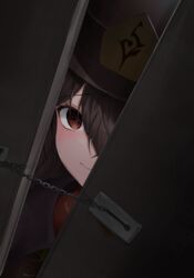  absurdres black_hat blush brown_hair chains chinese_clothes closed_mouth door_chain empty_eyes female genshin_impact hair_between_eyes hat highres horror_(theme) hu_tao_(genshin_impact) looking_at_viewer open_door peeking_out rapi_(zx4748) red_eyes smile solo top_hat yandere 