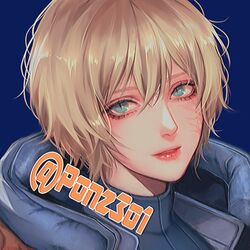  apex_legends bad_id bad_twitter_id blonde_hair blue_background blue_eyes blush bodysuit female hair_between_eyes highres hood hooded_jacket jacket lichtenberg_figure light_smile looking_at_viewer orange_jacket parted_lips portrait ribbed_bodysuit scar scar_on_cheek scar_on_face short_hair smile solo tama_(ponz3o1) twitter_username wattson_(apex_legends) 