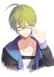  1boy ahoge black_jacket blue_eyes glasses green_hair hand_up highres hoojiro jacket long_sleeves looking_at_viewer male_focus nijisanji one_eye_closed semi-rimless_eyewear shibuya_hajime shibuya_hajime_(1st_costume) signature simple_background smile solo under-rim_eyewear virtual_youtuber white_background 