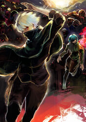  1boy 6+others absurdres arm_up black_pants black_shirt blue_hair covered_mouth crowd feet_out_of_frame female glowing glowing_eyes grey_hair hair_over_one_eye highres hood hood_up kagune_(tokyo_ghoul) kaneki_ken kirishima_touka kyuuba_melo light long_sleeves looking_at_viewer multiple_others pants red_background red_eyes shirt short_hair tokyo_ghoul tokyo_ghoul:re 