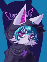  anthro blue_hair cheek_tuft cloak clothed clothing diamond_pupils digital_media_(artwork) facial_tuft female fur grey_body grey_fur hair hi_res inner_ear_fluff kawaifufuko league_of_legends looking_at_viewer pink_eyes pupils riot_games shadow_(lol) shadow_creature solo tencent tuft unusual_pupils vex_(lol) yordle 