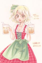  :d alcohol apron beer beer_mug beerko blonde_hair bow breasts character_name cleavage commentary_request cross-laced_clothes cup dated dirndl dress female foam german_clothes green_apron green_bow green_ribbons green_sash hair_ribbon hands_up high_collar highres holding holding_cup io_(maryann_blue) looking_at_viewer medium_request mug open_mouth original pinafore_dress plaid plaid_dress puffy_short_sleeves puffy_sleeves red_dress ribbon sash short_sleeves sleeveless sleeveless_dress smile solo traditional_media waist_apron waitress wavy_hair yellow_eyes 