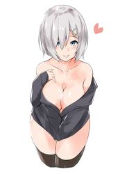  :d alternate_costume bare_shoulders between_legs black_sweater black_thighhighs blue_eyes blush breasts cleavage collarbone commentary cropped_legs female grey_hair hair_ornament hair_over_one_eye hairclip hamakaze_(kancolle) hand_between_legs heart highres kantai_collection large_breasts long_sleeves looking_at_viewer off-shoulder_sweater off_shoulder open_mouth saku_(kudrove) short_hair simple_background sleeves_past_wrists smile solo sweater thighhighs thighs white_background 