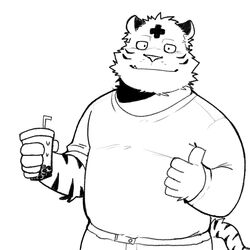  1:1 2022 anthro beverage bottomwear bubble_tea clothing cute_fangs felid hi_res humanoid_hands kemono male mammal monochrome overweight overweight_male pantherine pants shirt simple_background solo tiger topwear whitebeast20 