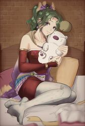  bed cape earrings female final_fantasy final_fantasy_vi gauntlets green_hair hair_ribbon highres hug jewelry looking_at_viewer moogle pantyhose pillow purple_eyes ribbon smile soosupaan terra_branford 