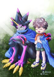  anthro bandai_namco belt black_body black_sclera brown_hair cape claws clothing digimon digimon_(species) digimon_ghost_game duo gulusgammamon hair hi_res hiro_amanokawa horn human lolicon male mammal scalie smile vfcou young 