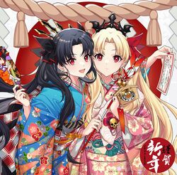  2girls alternate_costume arrow_(projectile) black_hair black_nails blonde_hair breasts ema ereshkigal_(fate) fate/grand_order fate_(series) hamaya ishtar_(fate) long_hair long_sleeves looking_at_viewer medium_breasts multiple_girls nail_polish open_mouth red_eyes red_nails rope shide shimenawa siblings sisters skull_ornament smile tassel tiara two_side_up yaoshi_jun 