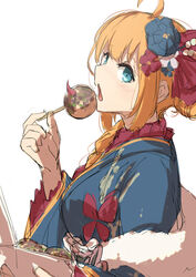  ahoge blue_eyes blue_kimono blush breasts commentary female flower food from_side hair_flower hair_ornament highres holding holding_food japanese_clothes kimono long_hair looking_at_viewer momiji_oroshi open_mouth orange_hair pecorine_(new_year)_(princess_connect!) pecorine_(princess_connect!) princess_connect! sideways_glance simple_background solo upper_body white_background 