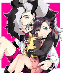  1boy asymmetrical_bangs bad_id bad_pixiv_id black_choker black_hair black_jacket black_nails bracelet brother_and_sister choker closed_mouth commentary_request dress earrings eyelashes eyeshadow female green_eyes hair_ribbon holding holding_pokemon jacket jewelry kurosakiinu legs_together light_smile long_hair long_sleeves looking_at_viewer makeup marnie_(pokemon) morpeko morpeko_(full) multicolored_hair nail_polish piers_(pokemon) pink_dress pokemon pokemon_(creature) pokemon_swsh red_ribbon ribbon siblings two-tone_hair white_hair white_jacket 