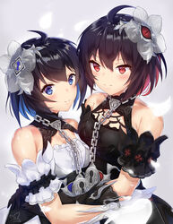  2girls absurdres ahoge bare_shoulders black_dress black_flower black_gloves black_hair blue_eyes blue_hair blush breasts chains closed_mouth commentary dress flower gloves hair_between_eyes hair_flower hair_ornament highres honkai_(series) honkai_impact_3rd keyhole multicolored_hair multiple_girls petals ponta_(velmar) red_eyes red_hair see-through seele_(alter_ego) seele_vollerei seele_vollerei_(stygian_nymph) sleeveless sleeveless_dress small_breasts smile two-tone_hair upper_body white_dress white_gloves 