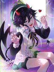  1boy absurdres artist_name beret bishounen black_hair blue_hair braid commentary demon_boy demon_horns genshin_impact gradient_hair green_hat hat heart highres horns ice_s_s_z long_sleeves looking_at_viewer male_focus multicolored_hair open_mouth short_hair_with_long_locks sitting smile solo symbol-only_commentary tail teeth twin_braids venti_(genshin_impact) venti_(halloween)_(genshin_impact) 