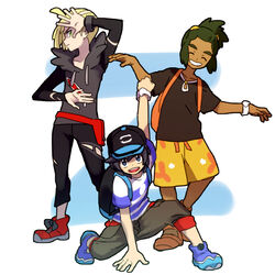  3boys ^_^ backpack bag baseball_cap black_headwear black_pants black_shirt blonde_hair blue_eyes closed_eyes commentary_request dark-skinned_male dark_skin elio_(pokemon) full_body gladion_(pokemon) green_eyes green_hair grin hat hau_(pokemon) hk_(nt) long_sleeves looking_at_viewer male_focus multiple_boys pants pokemon pokemon_sm pose red_footwear shirt short_sleeves shorts smile standing tied_hair yellow_shorts 